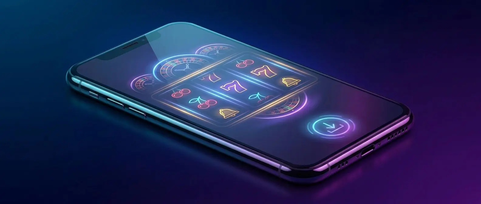 Smartphone con interfaz genérica de casino móvil sobre fondo oscuro en tonos azules