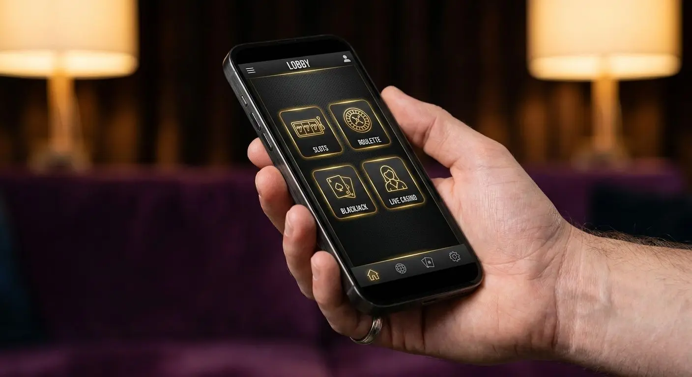 Móvil mostrando un lobby genérico de casino con categorías de juegos