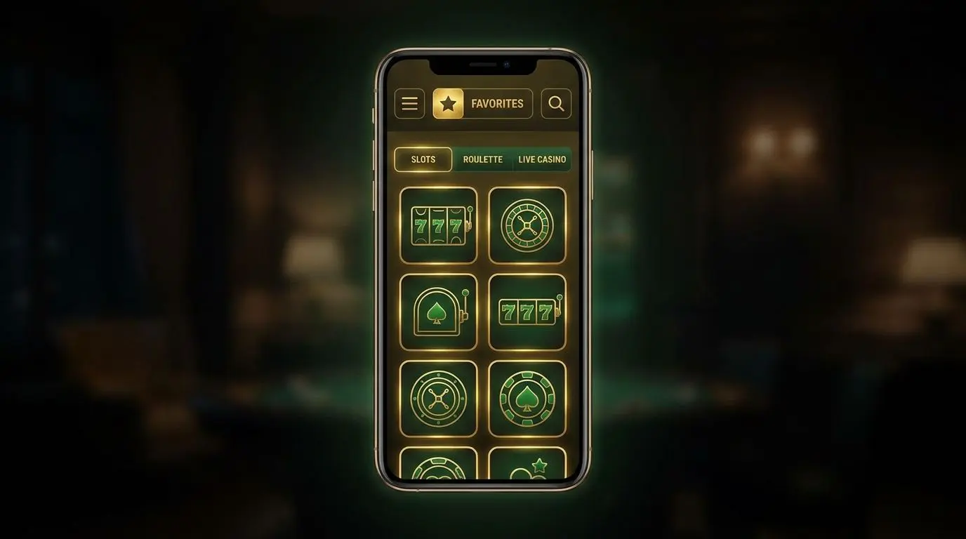 Interfaz de app de casino móvil con categorías de slots, ruleta y live