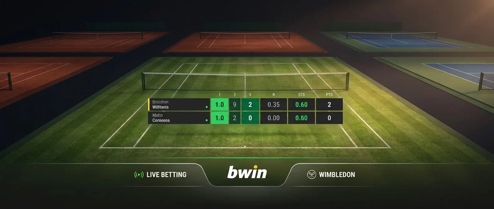 Banner de apuestas de tenis con pista de hierba de Wimbledon y marcador en directo