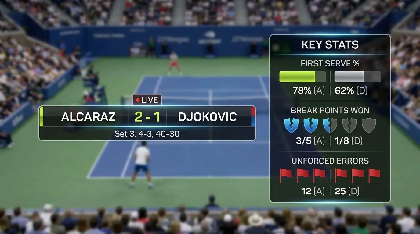 Marcador en directo de tenis con estadísticas clave del partido