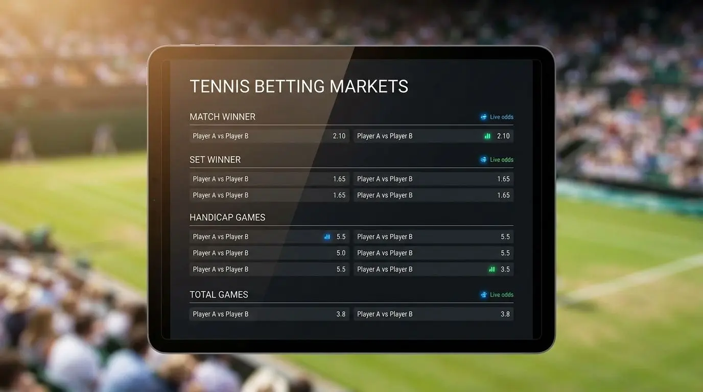Ilustración de mercados de apuestas de tenis con tabla de cuotas