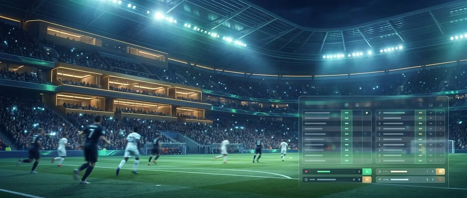 Estadio de fútbol nocturno con interfaz abstracta de apuestas deportivas