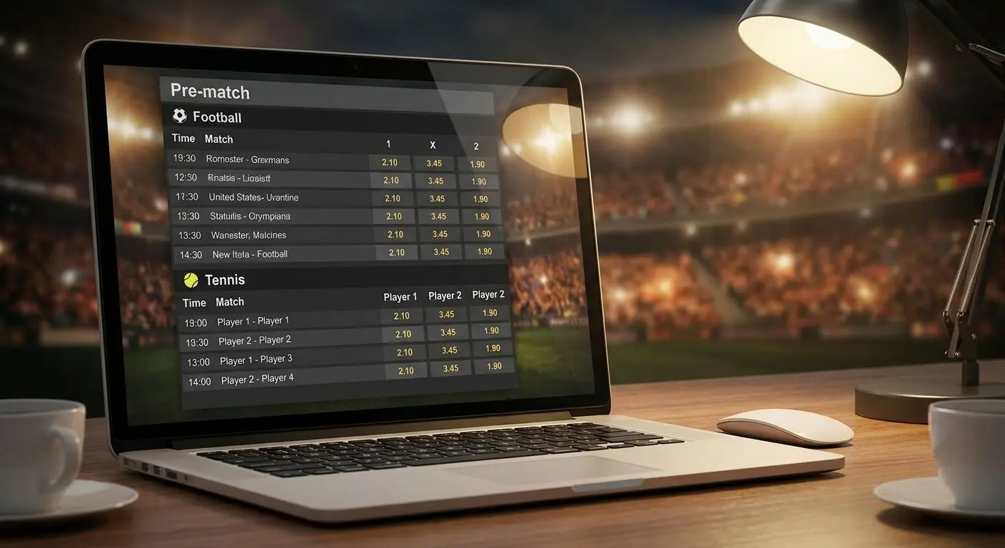 Interfaz de apuestas deportivas pre-partido con lista de eventos y cuotas