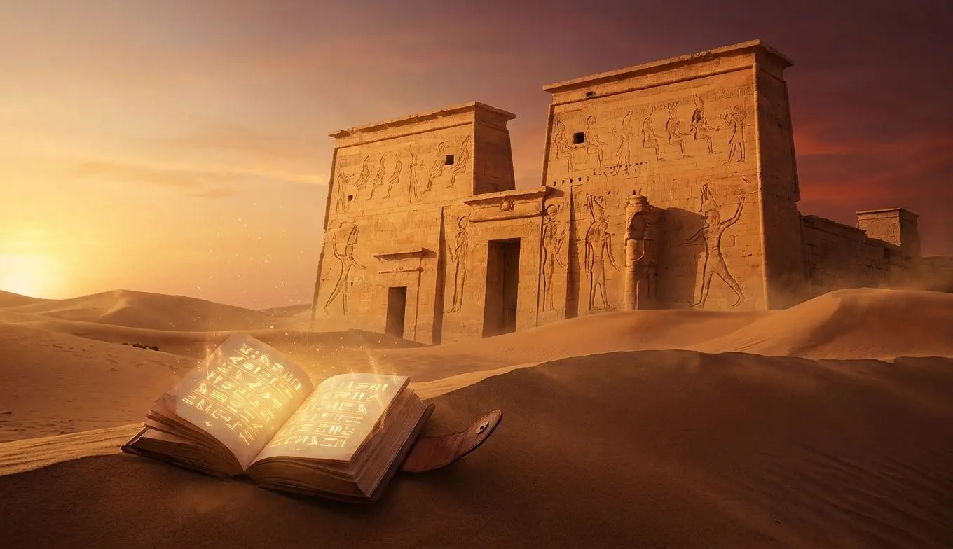 Templo egipcio y libro antiguo brillando en la arena al atardecer