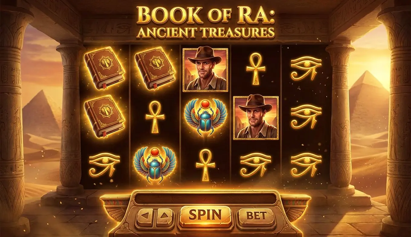 Interfaz de una tragaperras egipcia tipo Book of Ra con rodillos y jeroglíficos
