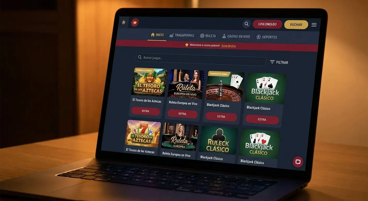 Pantalla de lobby de casino online con categorías de juegos en español