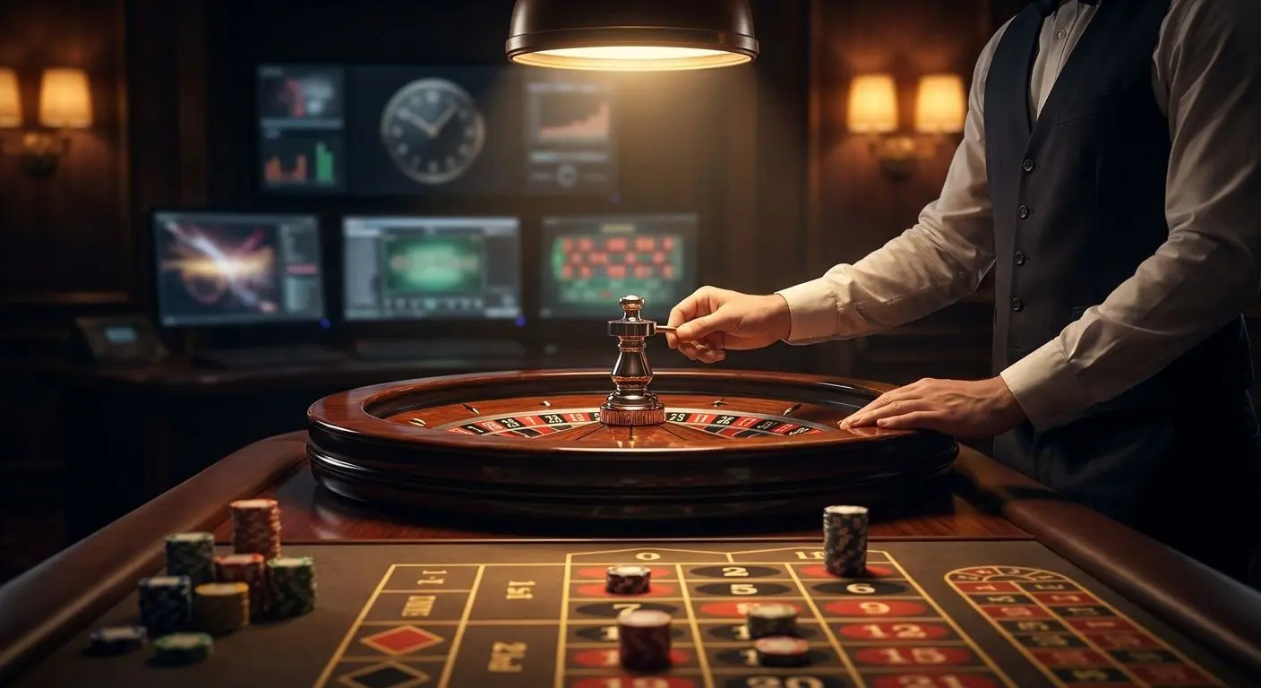 Mesa de ruleta en vivo con crupier en un estudio de casino online