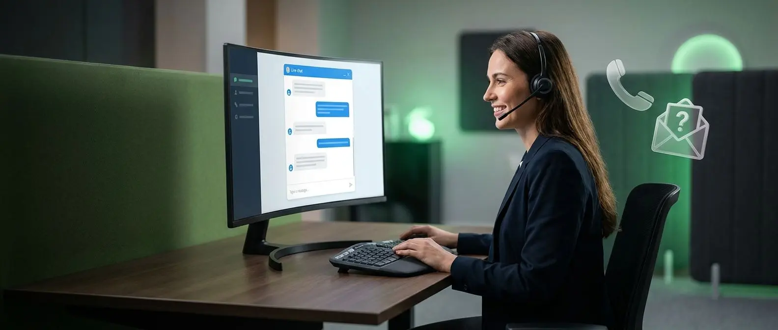 Banner de atención al cliente con iconos de teléfono, chat y servicio 24 7