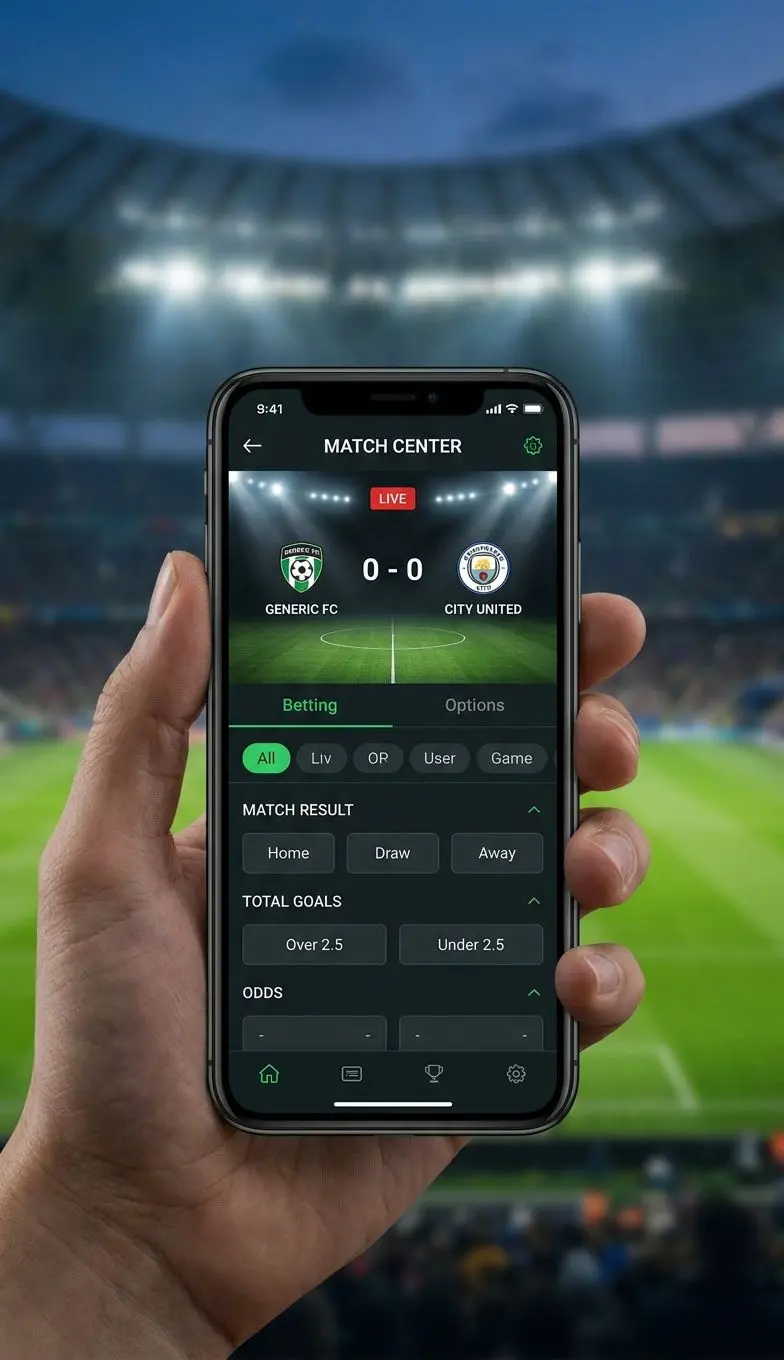 Smartphone con centro de partido de fútbol y mercados de apuestas