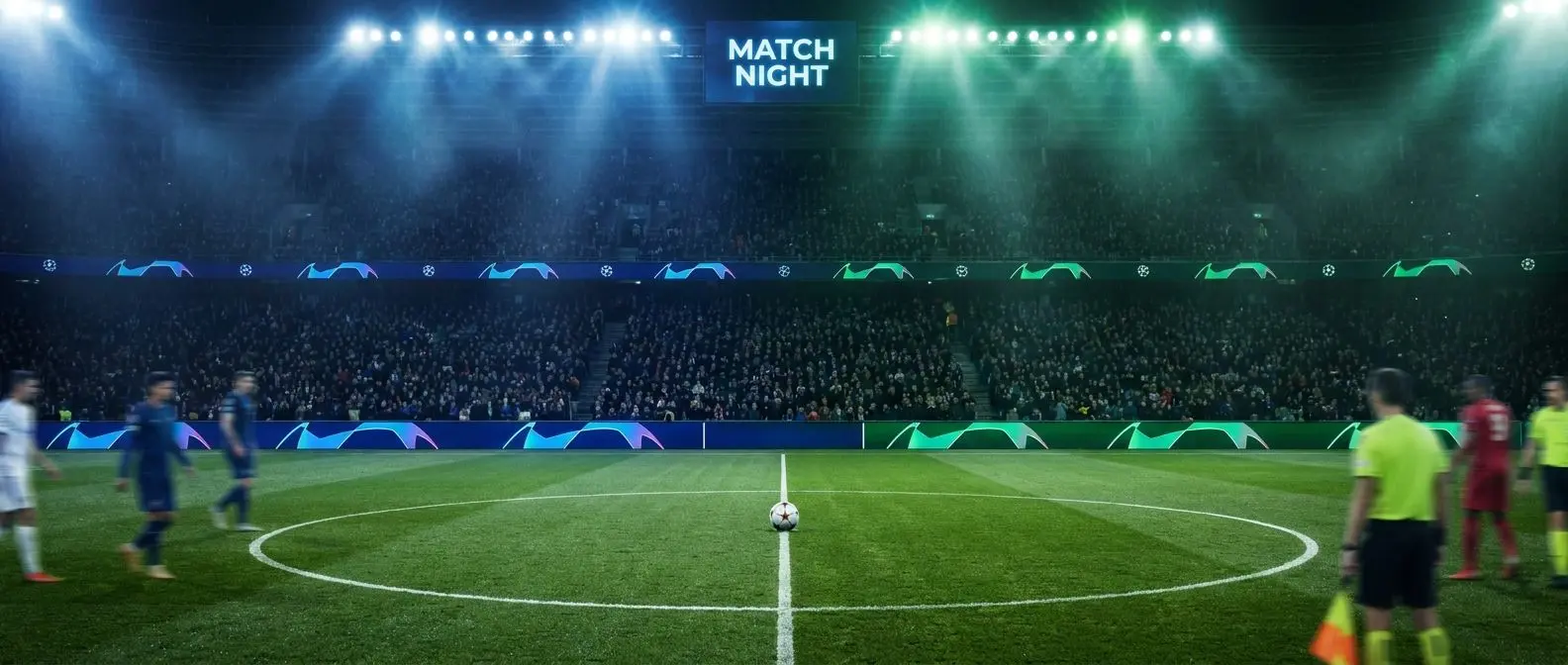 Estadio de fútbol nocturno con balón en el centro del campo