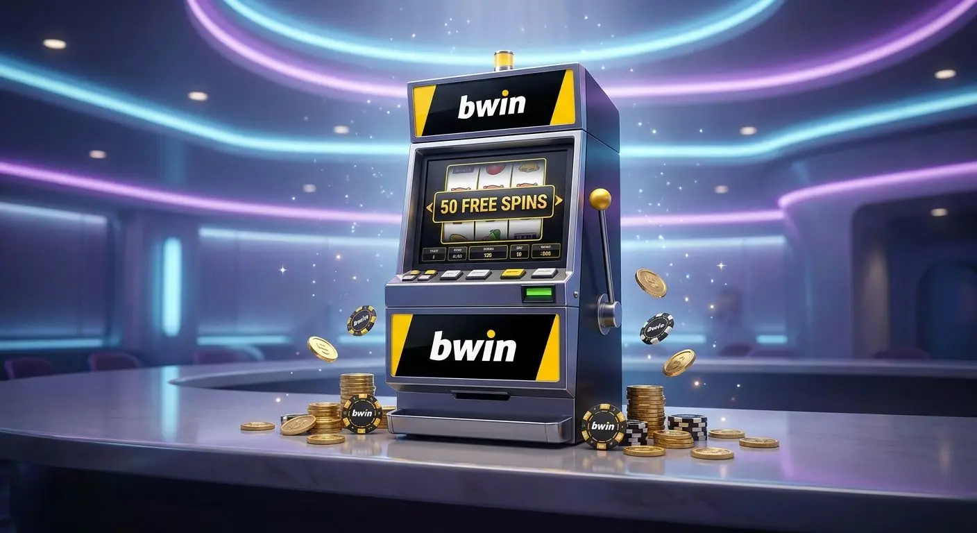 Escena de casino online con slot y monedas representando 50 tiradas gratis