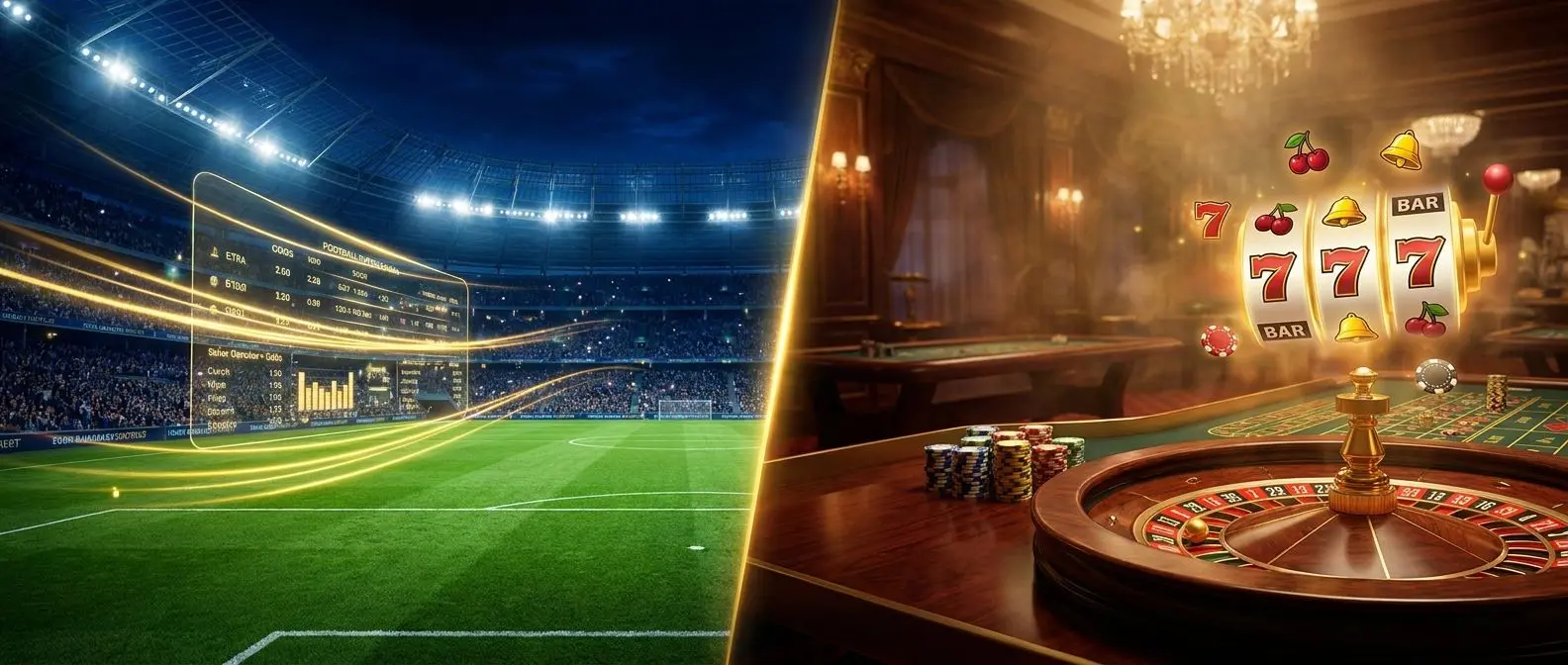 Escena combinada de apuestas deportivas y casino online en estilo moderno