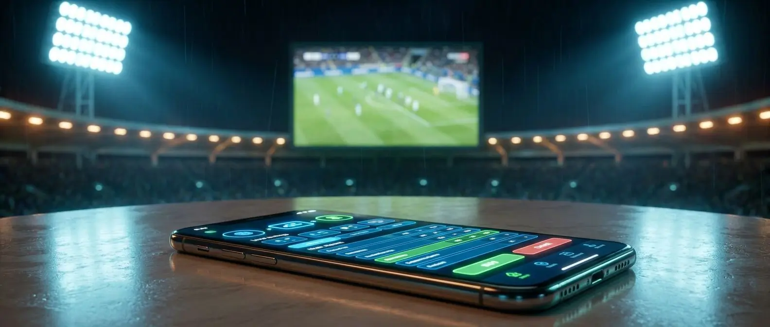 Baner de apuestas en vivo con estadio y móvil con mercados en directo