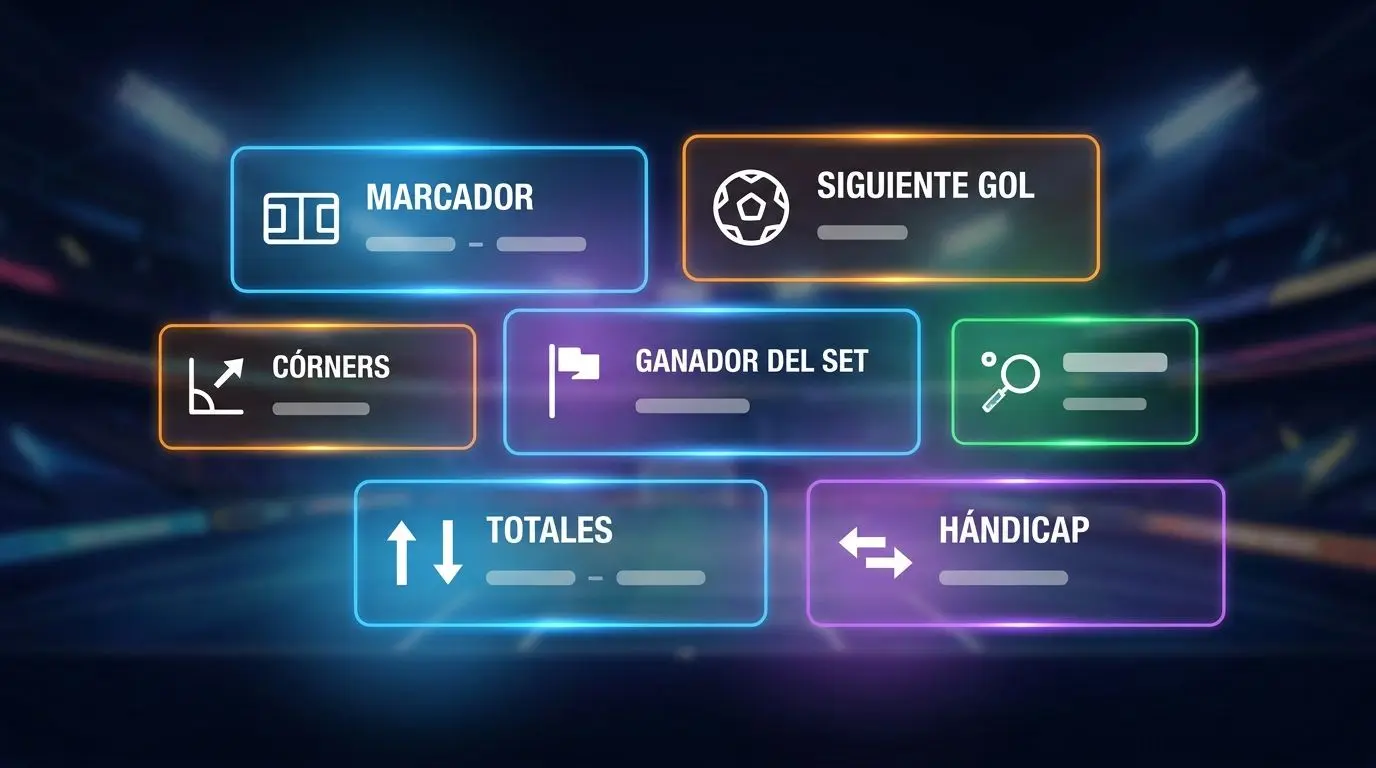 Ilustración de diferentes tipos de mercados de apuestas en vivo sin cuotas