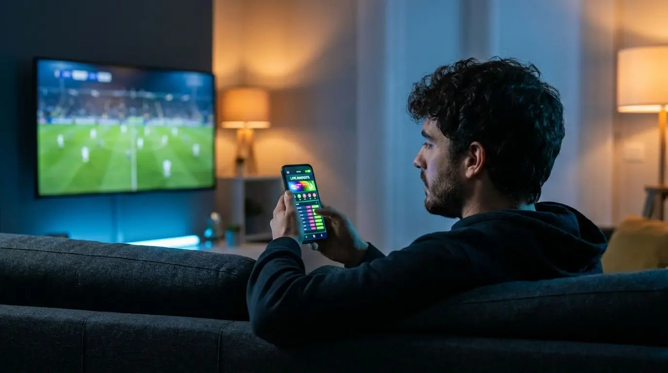Usuario viendo un partido y consultando mercados de apuestas en vivo en el móvil