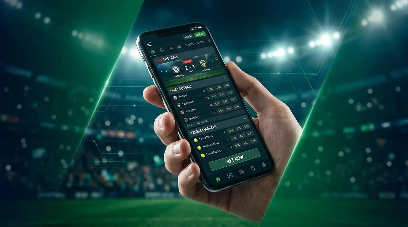 Smartphone con app de apuestas deportivas abierta sobre fondo deportivo