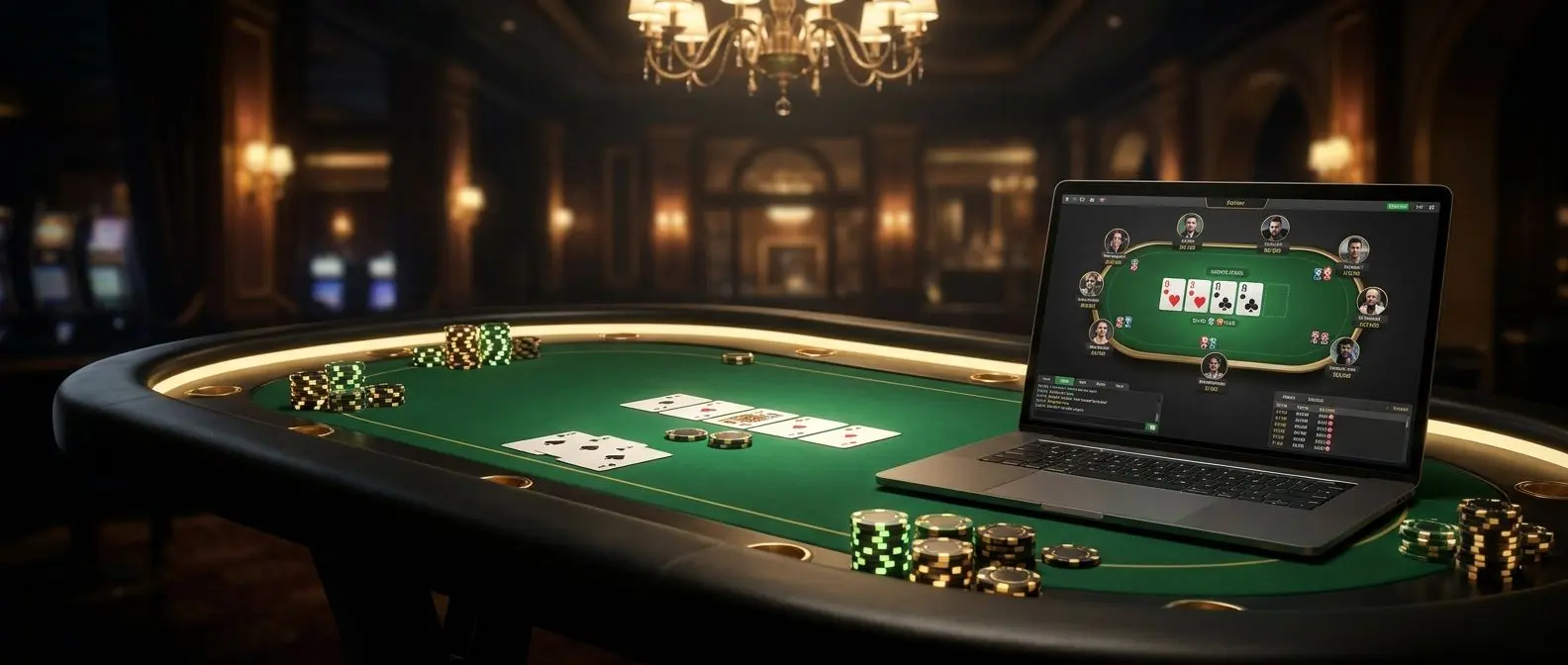 Mesa de póker online premium con fichas, cartas y portátil mostrando partida digital
