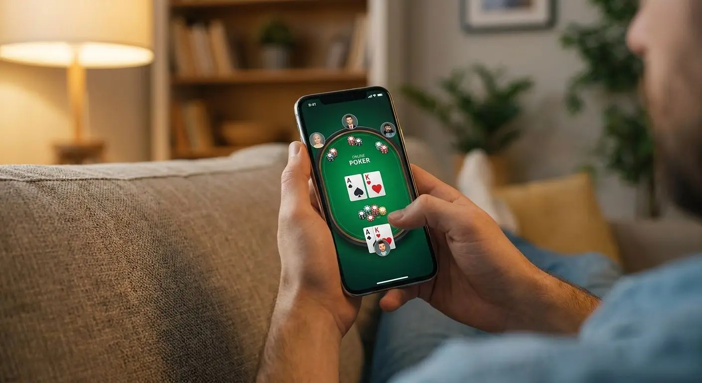 Jugador usando el móvil para jugar al póker online desde casa