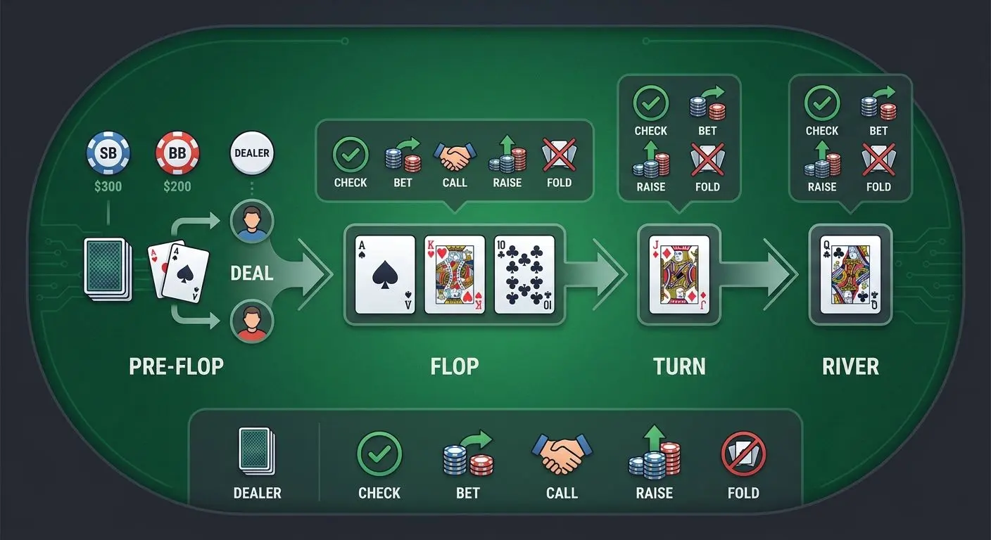 Esquema visual de una mano de póker online con etapas y acciones básicas