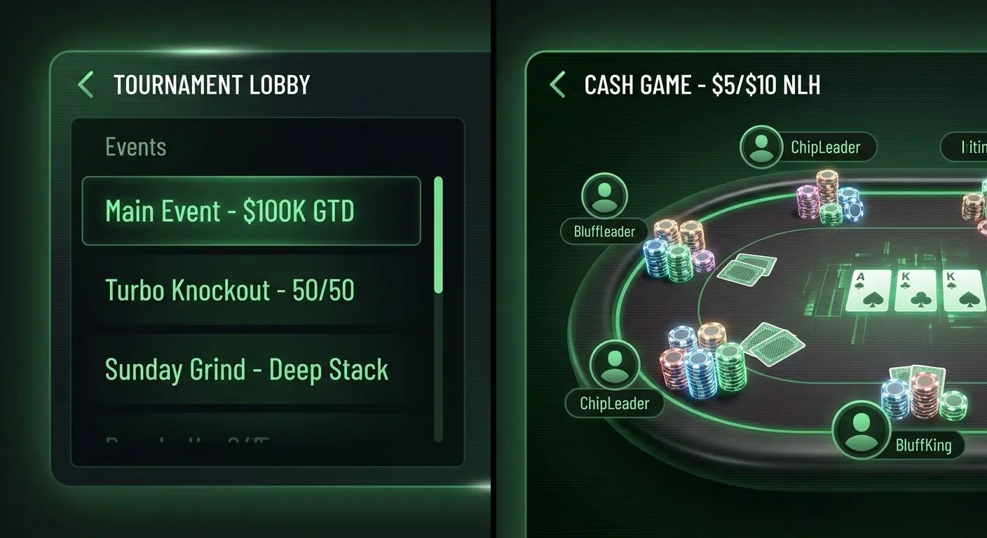 Comparación visual entre lobby de torneos de póker y mesa de cash game online