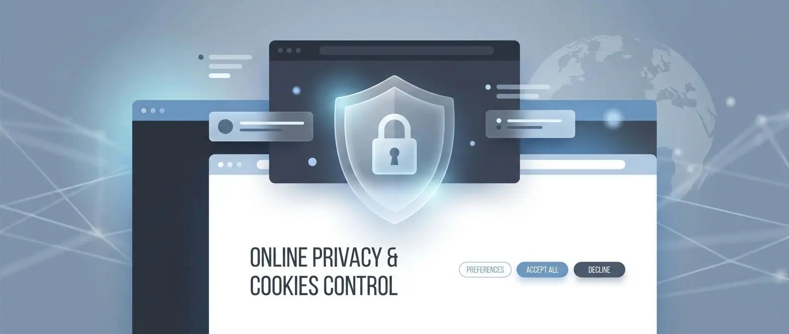 Banner sobre privacidad y cookies con un escudo y un candado digitales