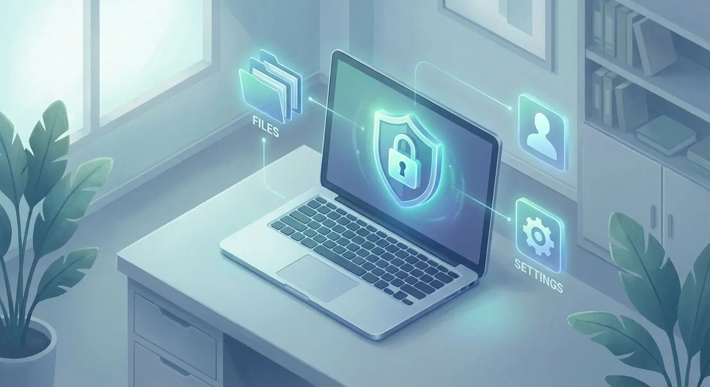 Ilustración de privacidad digital con portátil, candado y escudo
