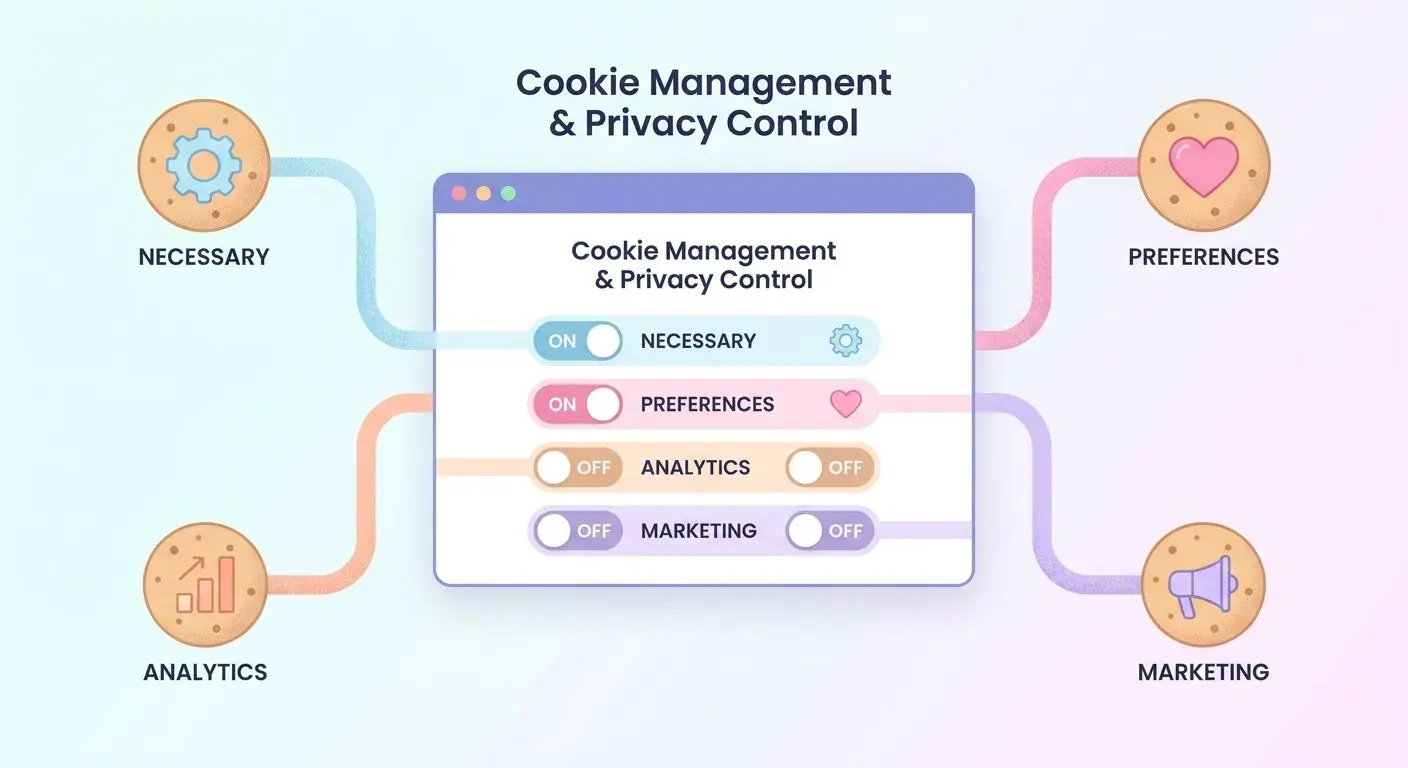 Esquema visual de tipos de cookies y sus controles en un navegador