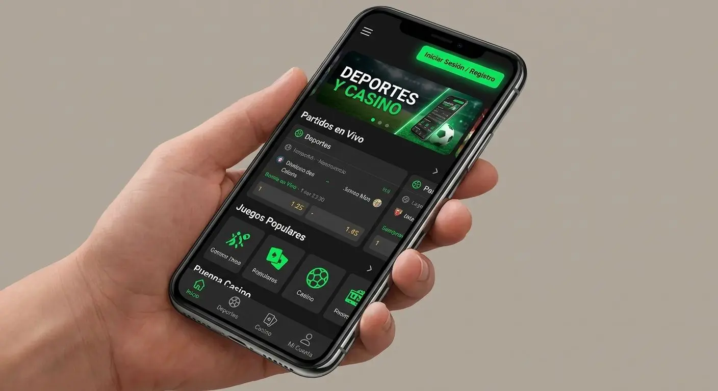Móvil con app de apuestas y casino mostrando opciones de registro e inicio de sesión