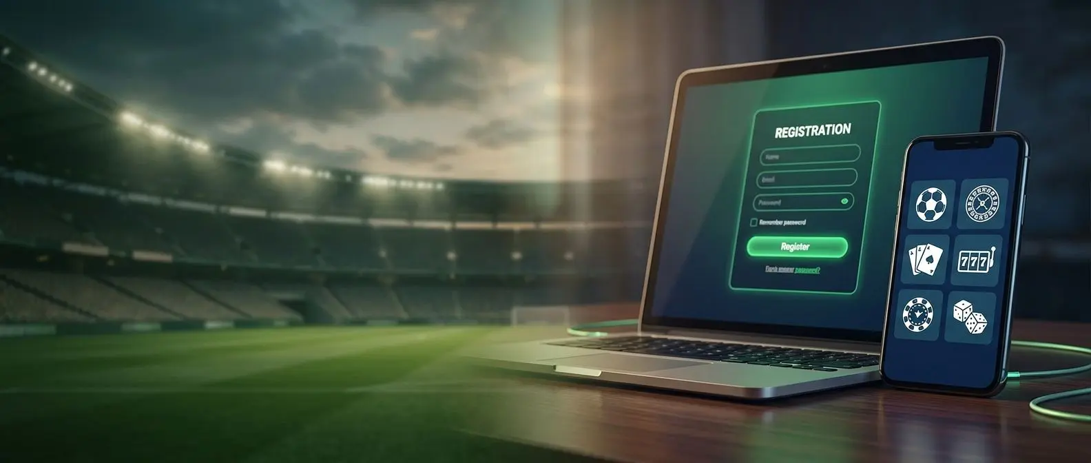 Banner con fondo deportivo y casino online junto a móvil y portátil con formulario de registro