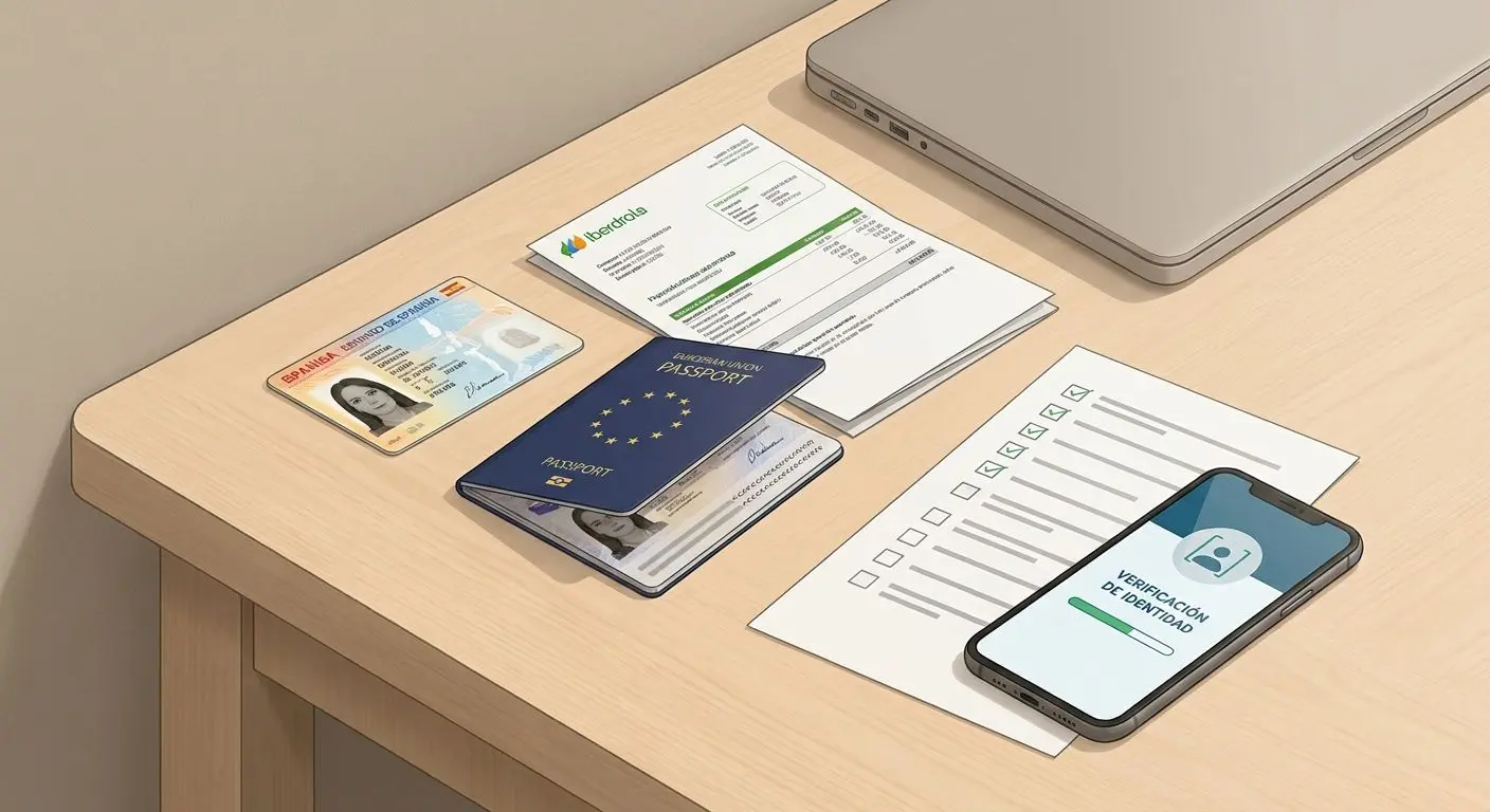 Documentos de identidad españoles y comprobante de domicilio junto a checklist KYC