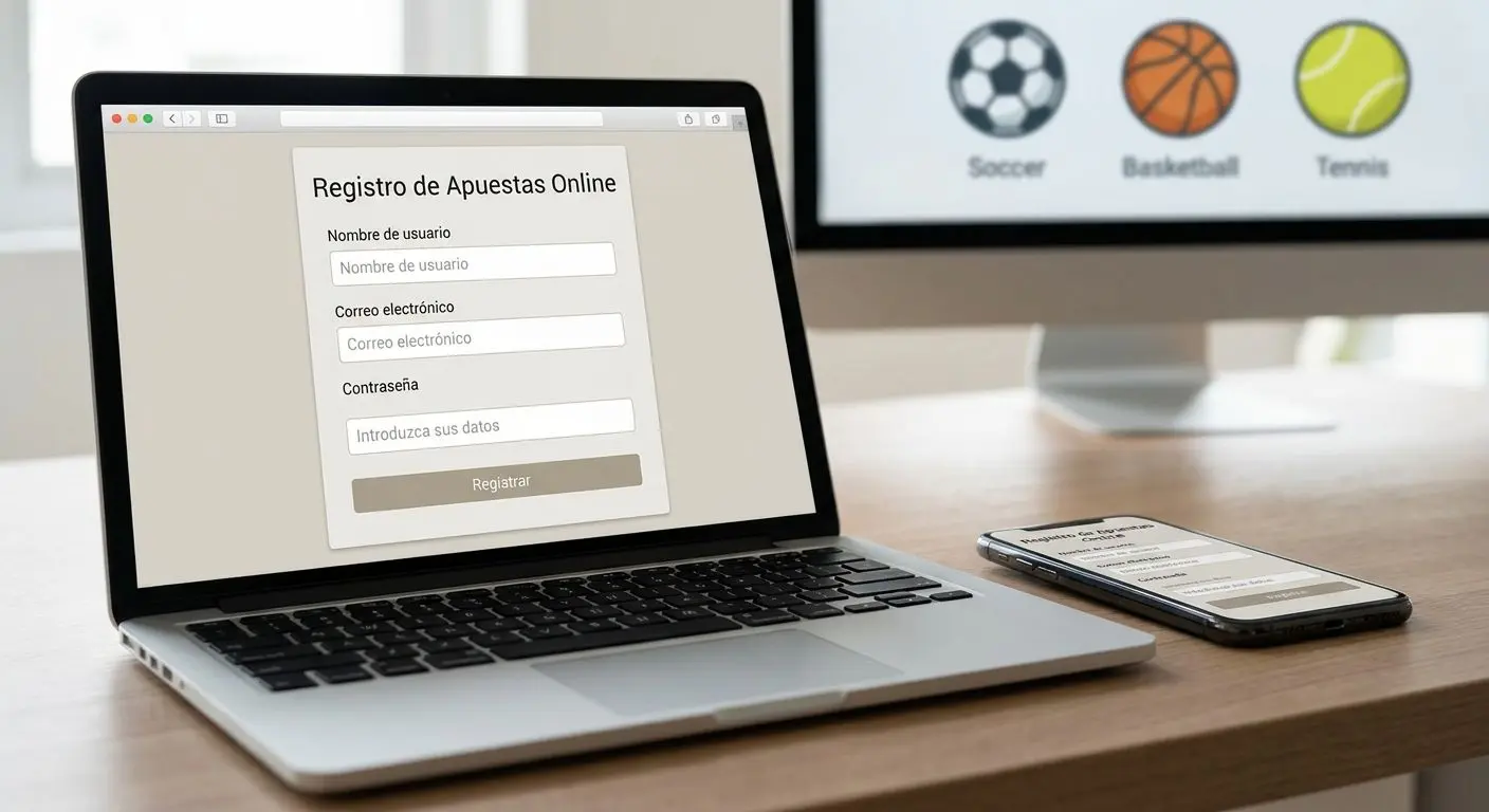 Pantalla con formulario de registro de casa de apuestas en portátil y móvil
