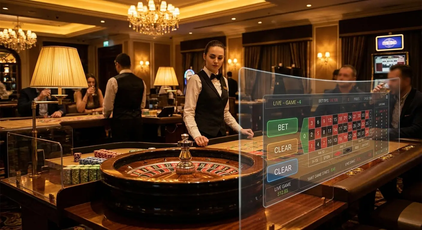 Mesa de ruleta en vivo con crupier y panel de apuestas en pantalla