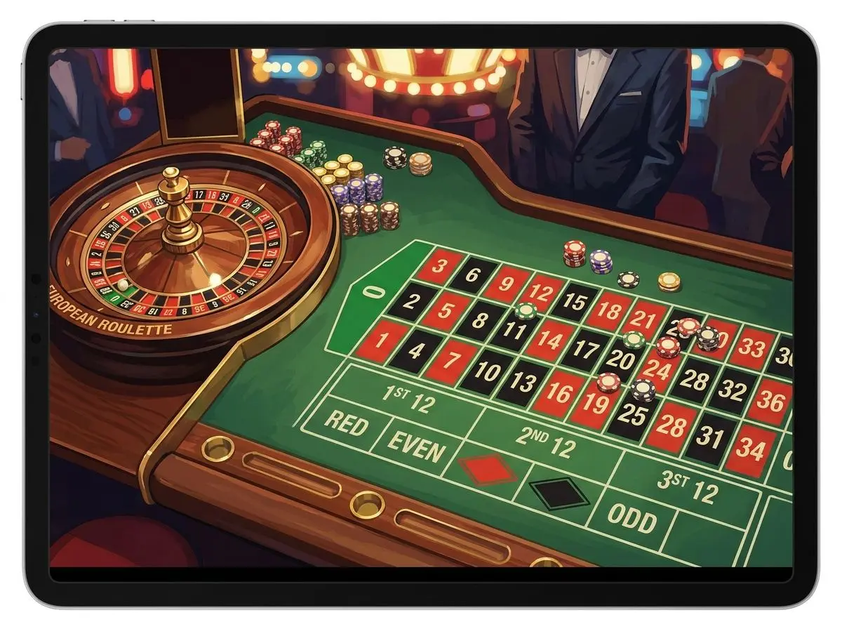 Vista superior de mesa de ruleta europea con rueda y tapete de apuestas