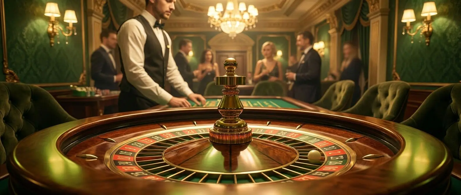 Mesa de ruleta en vivo con rueda girando y crupier en casino elegante