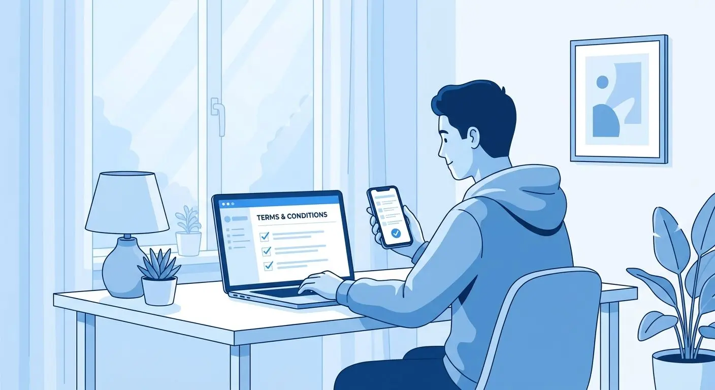 Persona revisando en el móvil un checklist de términos y condiciones