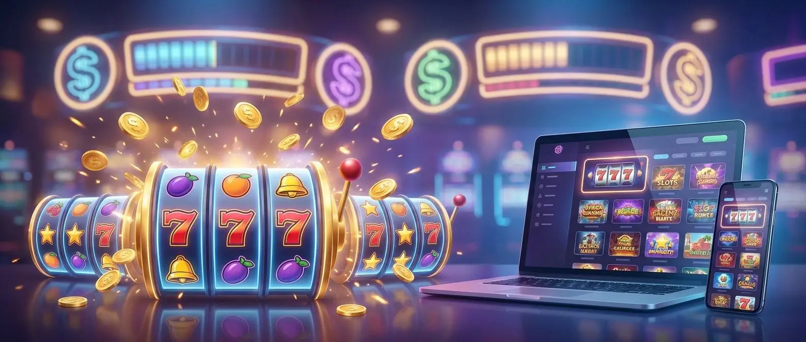 Lobby digital de tragaperras online con rodillos y monedas doradas