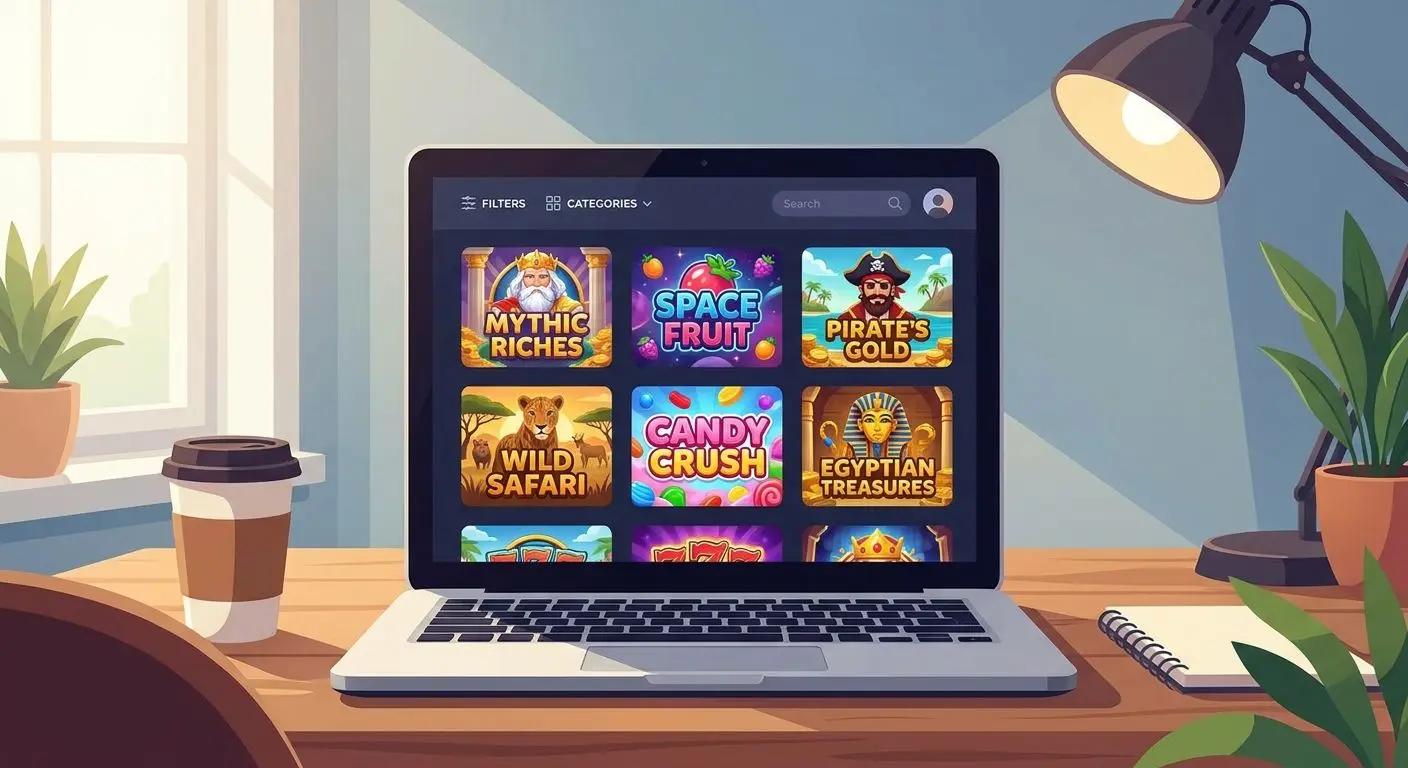 Interfaz tipo lobby de slots online con varias tragaperras en pantalla