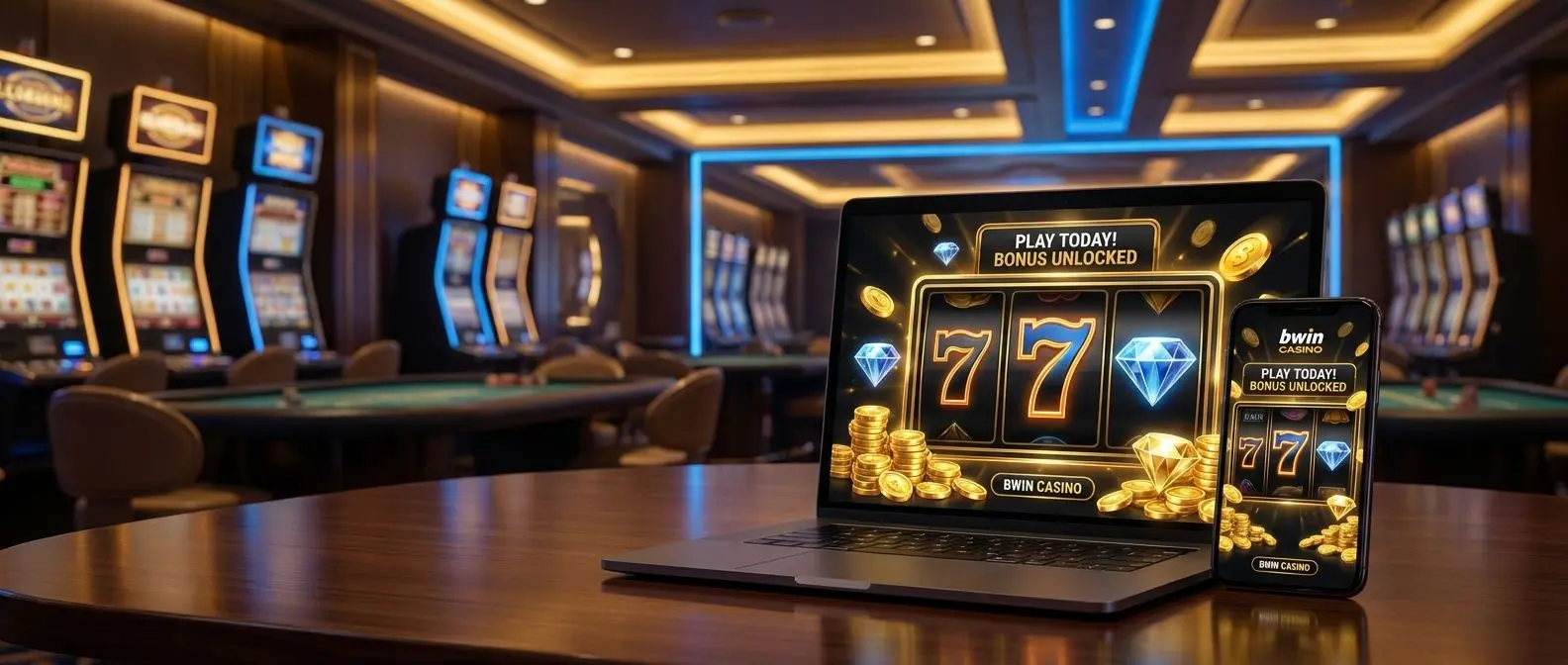 Banner con tragaperras online, monedas y símbolos 7 y diamantes para bwin