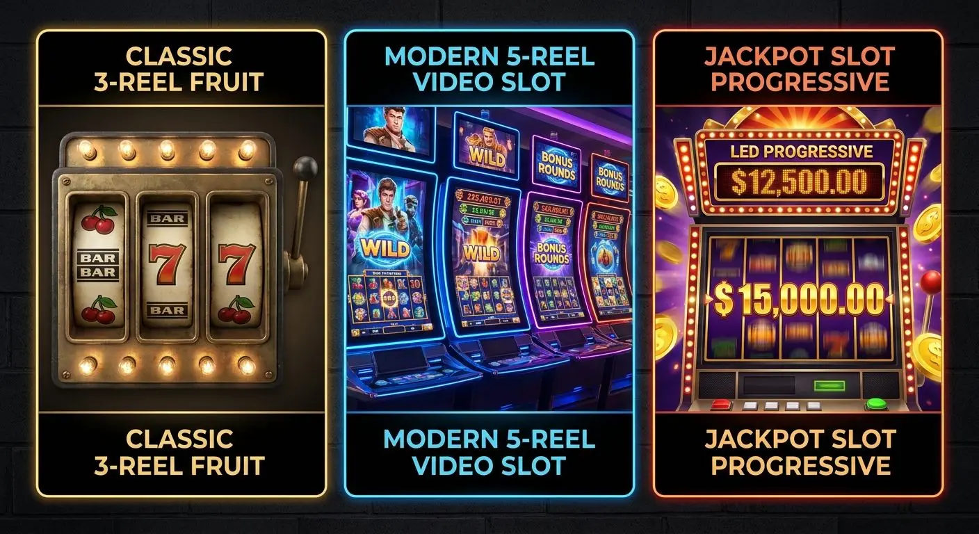 Comparativa visual de tragaperras clásicas, video slots y jackpot
