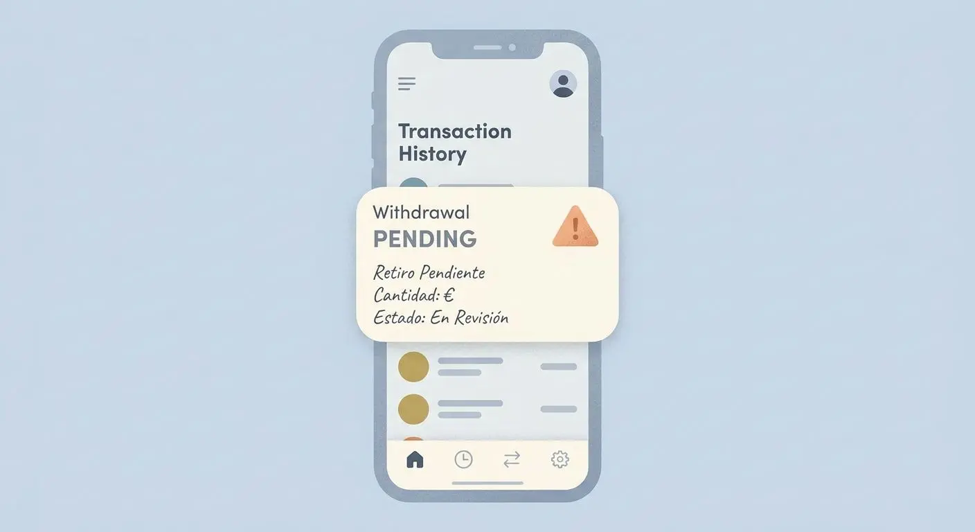 Pantalla de retirada con estado pendiente en una transacción